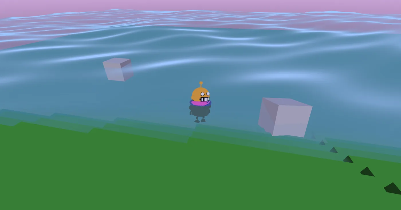 A game scene with a rippling blue water surface seen from above, a small round robot character in an orange helmet, grey cubes floating on the water, green ground below and a pink sky