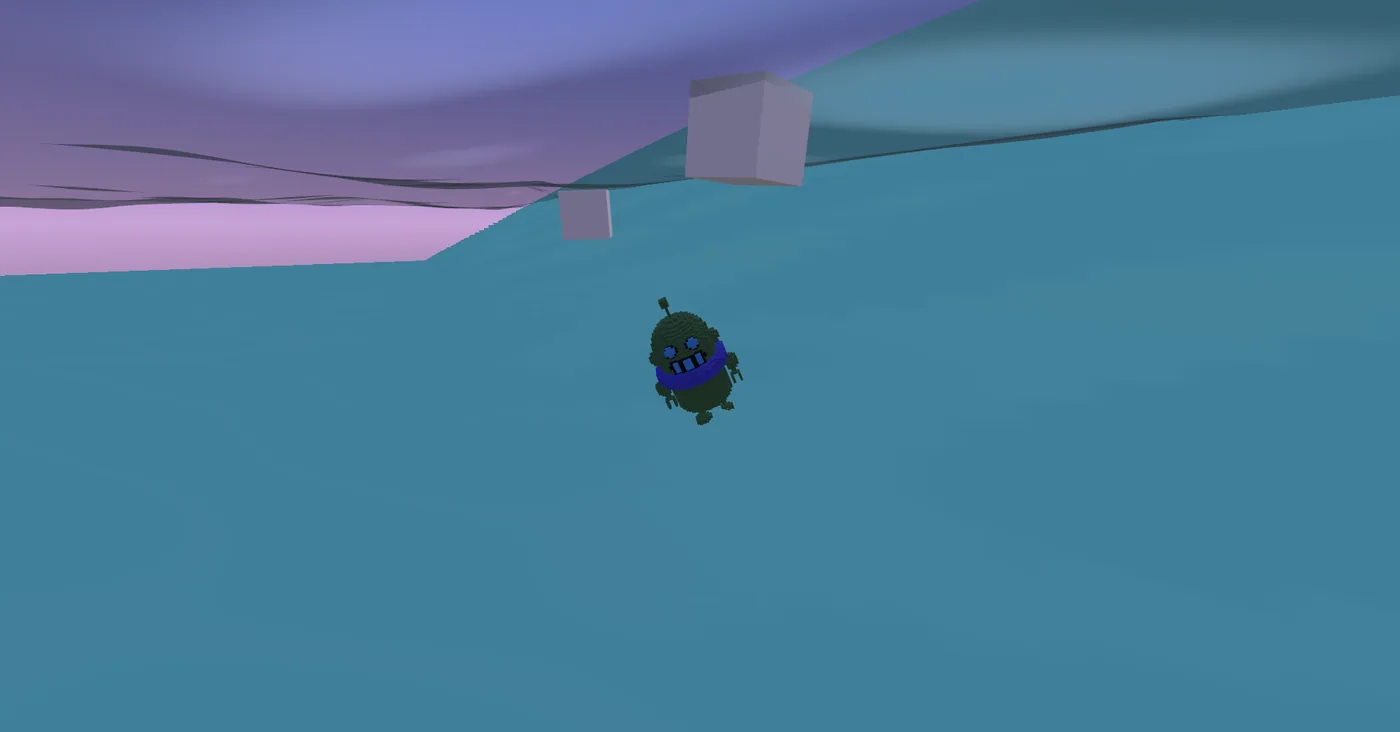 The same water surface seen from underneath, looking up through the water at a purple and mauve sky, with the robot and cubes floating and light patterns across the underside of the surface
